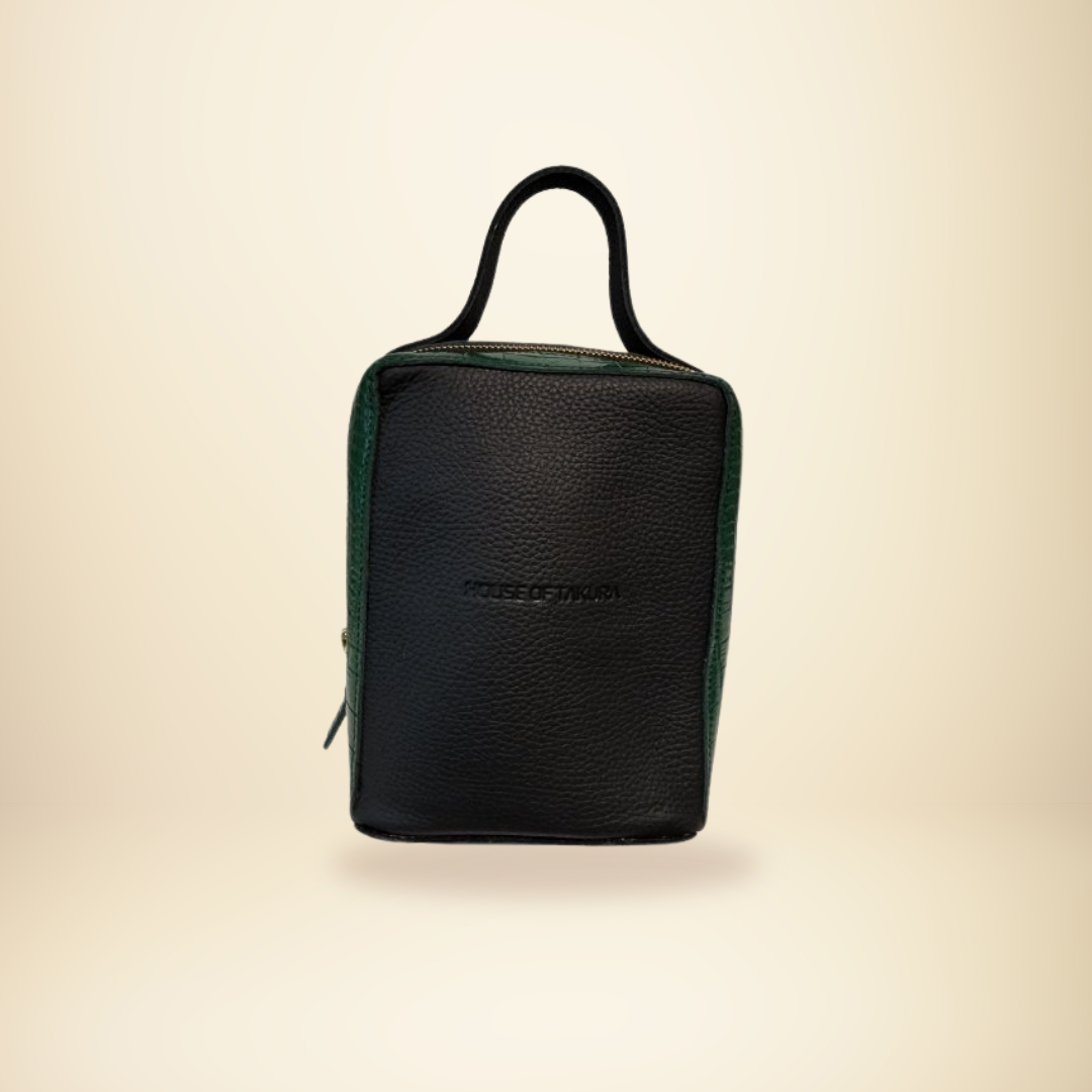 Kura Bag - Black and Green Croc Embossed Leather