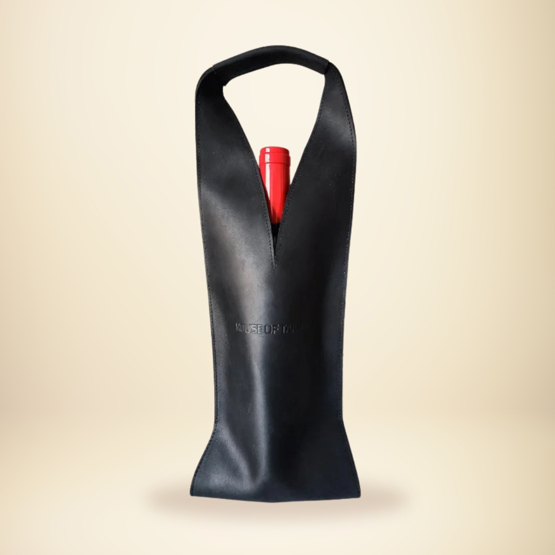 Wine/Champagne Carrier - Black Leather Exterior