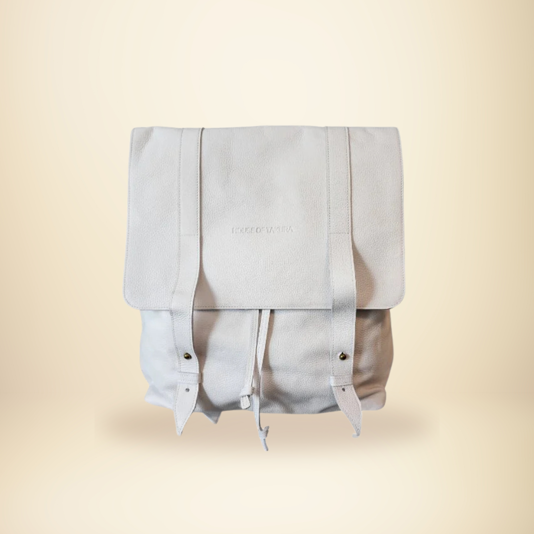 Rider Backpack – White Leather | Zanzibar African Print Interior