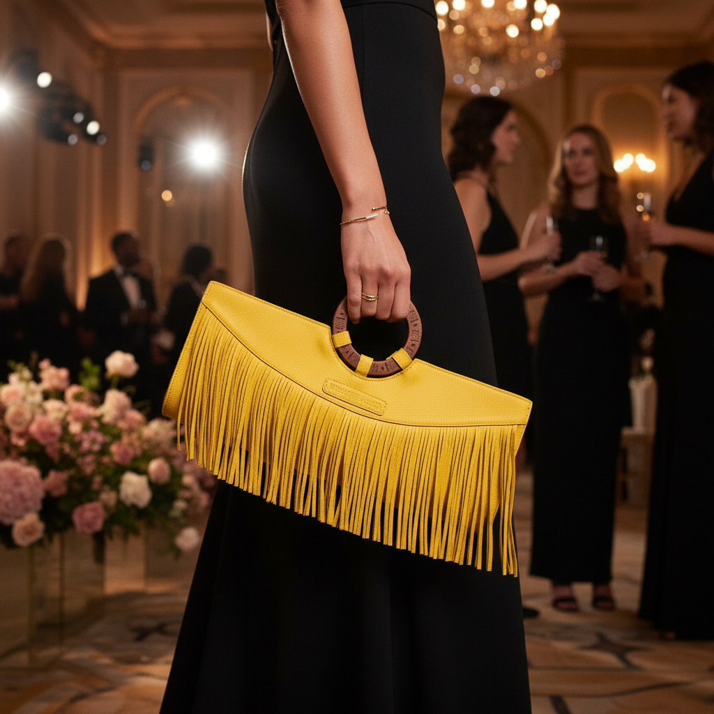 Manaka Statement Clutch – Yellow Leather | Luxury Fringe Bag by